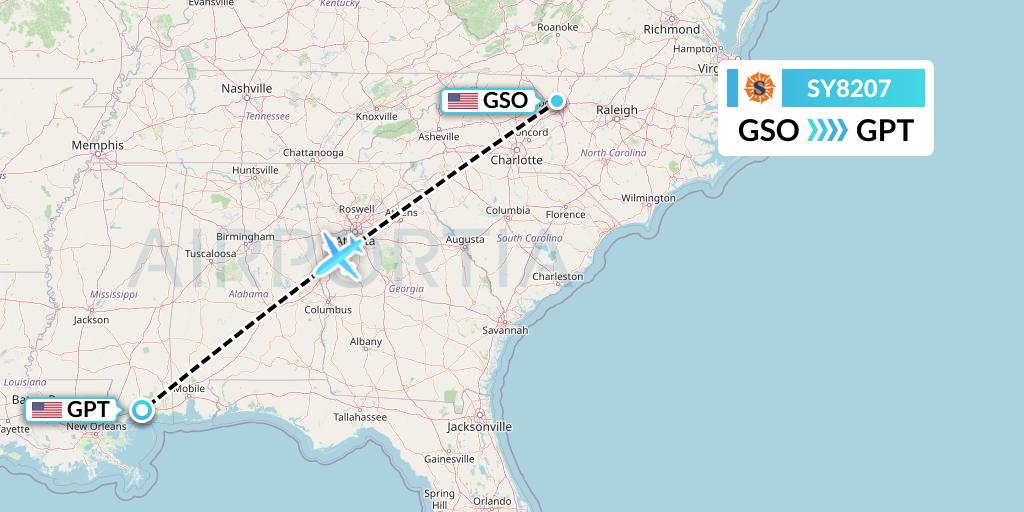 SY8207 Sun Country Airlines Flight Map: Greensboro to Gulfport