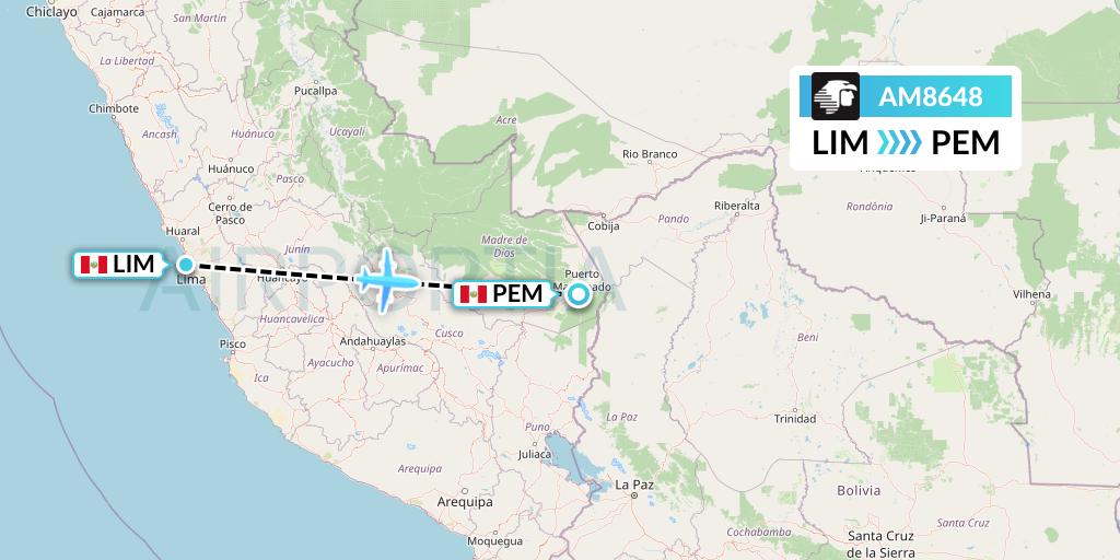 AM8648 Aeromexico Flight Map: Lima to Puerto Maldonado