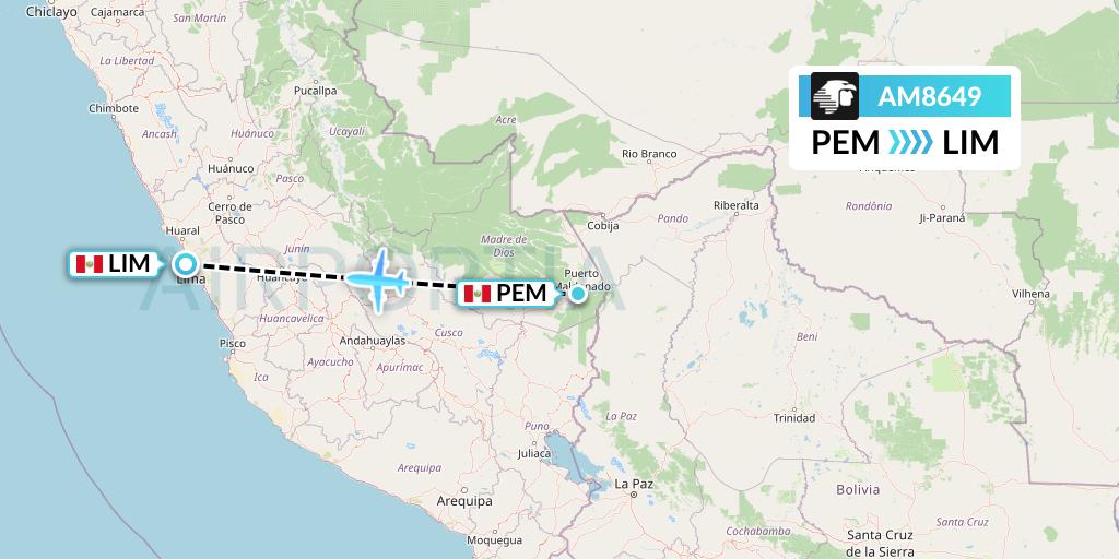 AM8649 Aeromexico Flight Map: Puerto Maldonado to Lima