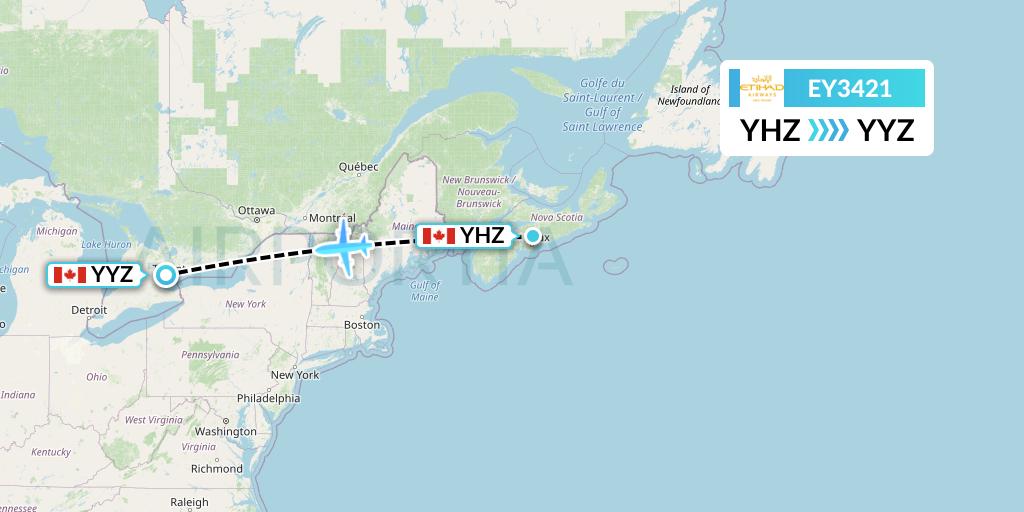 EY3421 Etihad Airways Flight Map: Halifax to Toronto