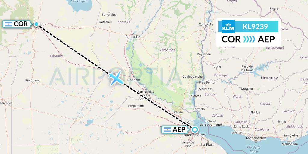 KL9239 KLM Flight Map: Cordoba to Buenos Aires