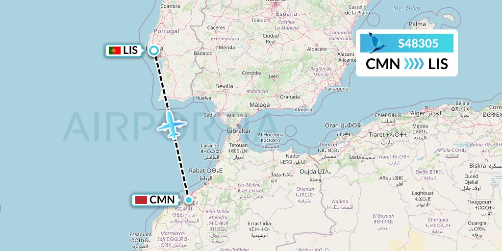 S48305 Azores Airlines Flight Map: Casablanca to Lisbon