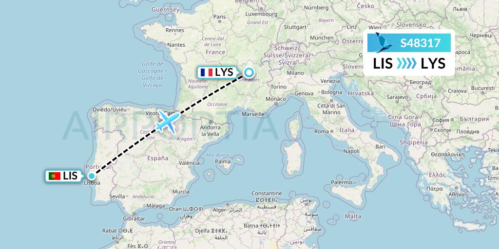 S48317 Azores Airlines Flight Map: Lisbon to Lyon