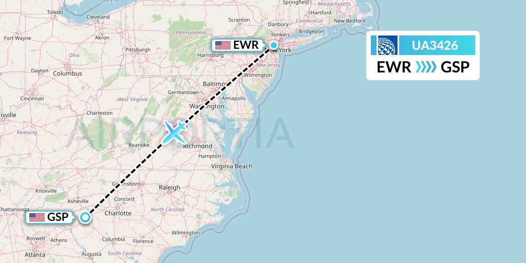 UA3426 United Airlines Flight Map: New York to Greenville-Spartanburg