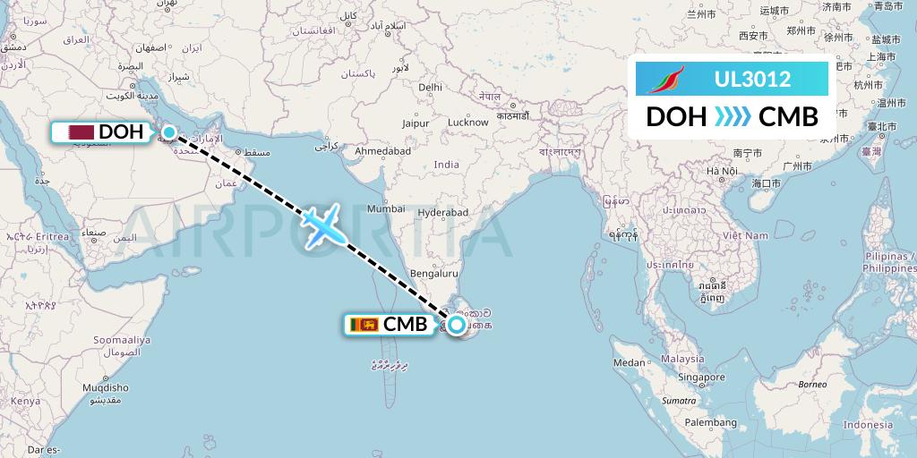 UL3012 SriLankan Airlines Flight Map: Doha to Colombo