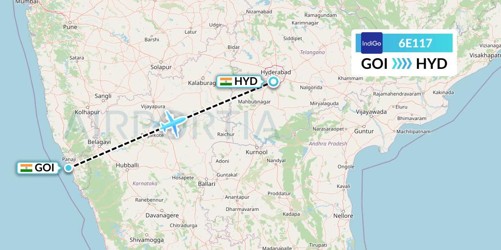 6E117 IndiGo Airlines Flight Map: Goa to Hyderabad
