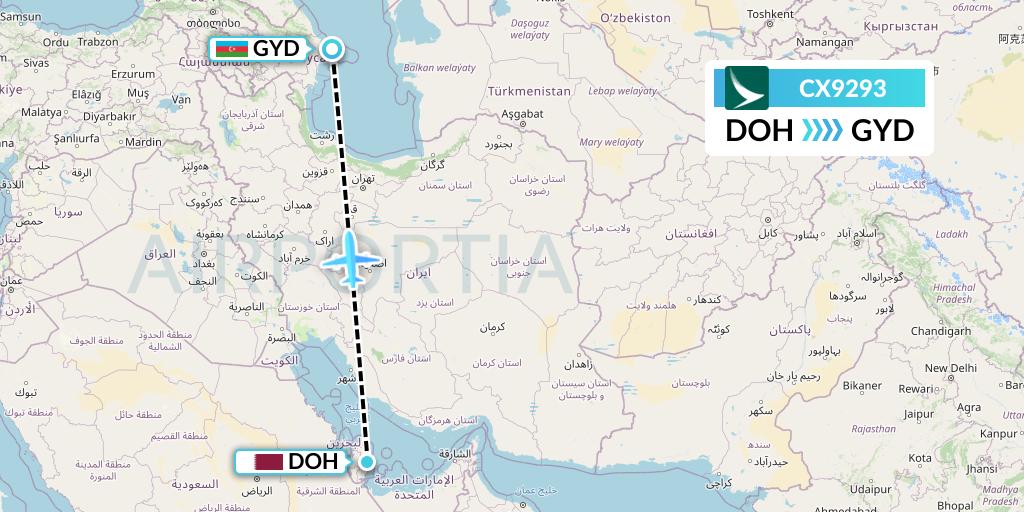 CX9293 Cathay Pacific Flight Map: Doha to Baku