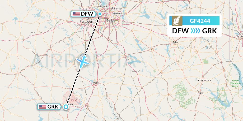 GF4244 Gulf Air Flight Map: Dallas to Killeen