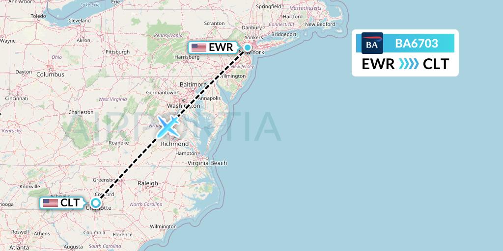 BA6703 British Airways Flight Map: New York to Charlotte