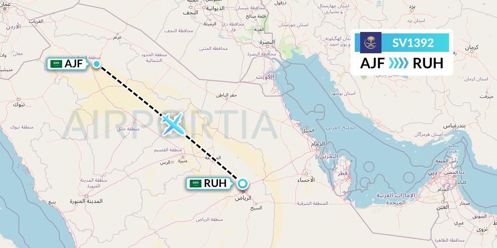 SV1392 Saudi Arabian Airlines Flight Map: Sakaka to Riyadh