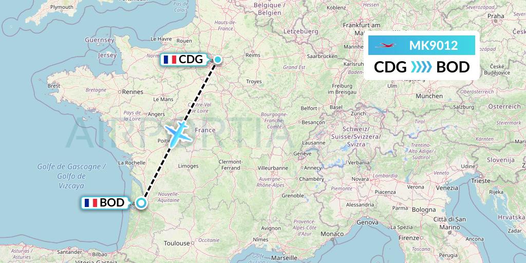 MK9012 Air Mauritius Flight Map: Paris to Bordeaux
