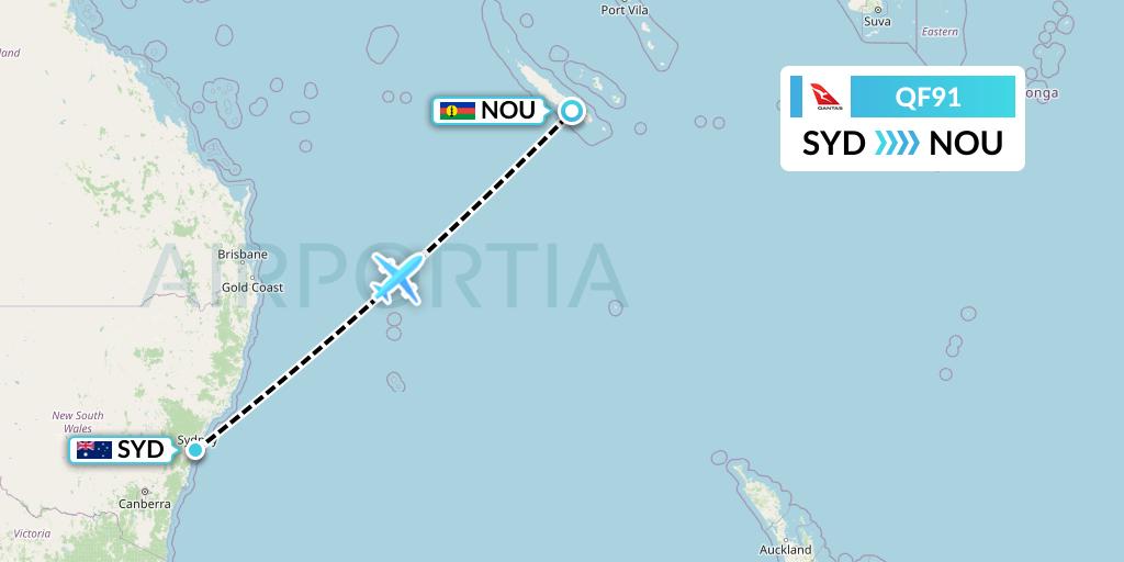 QF91 Qantas Flight Map: Sydney to Noumea
