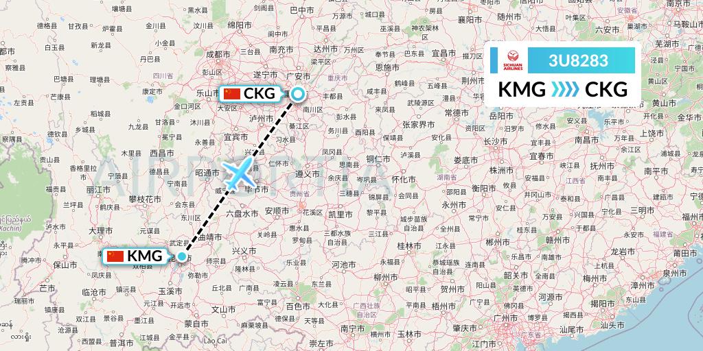 3U8283 Sichuan Airlines Flight Map: Kunming to Chongqing