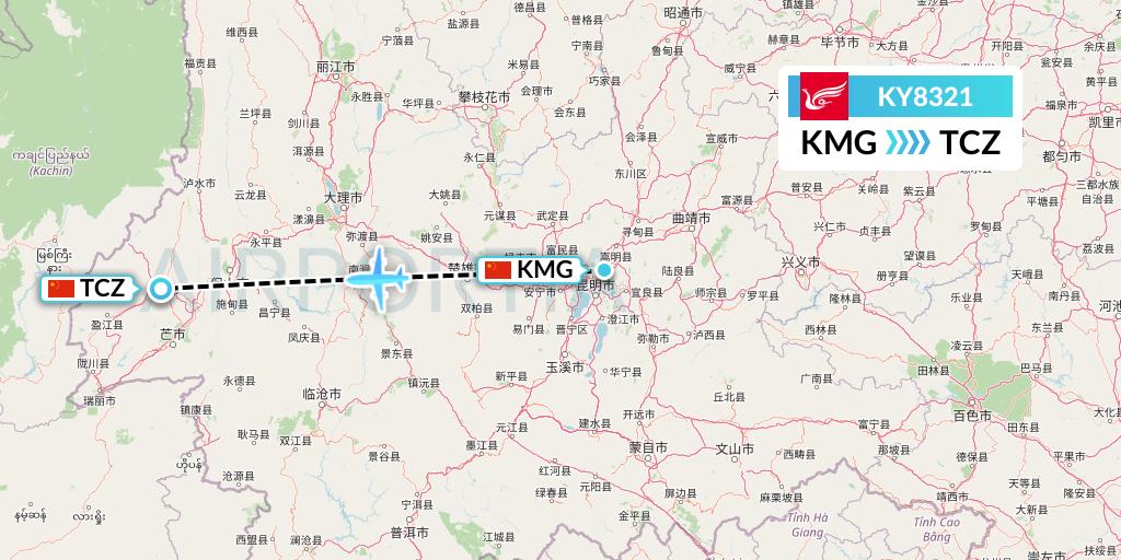 KY8321 Kunming Airlines Flight Map: Kunming to Tengchong