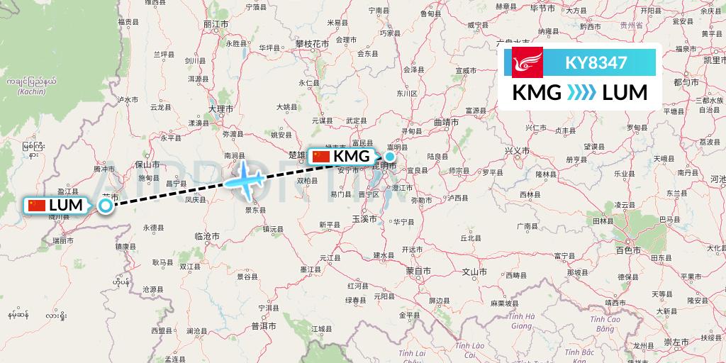 KY8347 Kunming Airlines Flight Map: Kunming to Mangshi