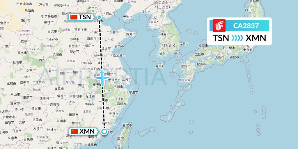 CA2837 Air China Flight Map: Tianjin to Xiamen