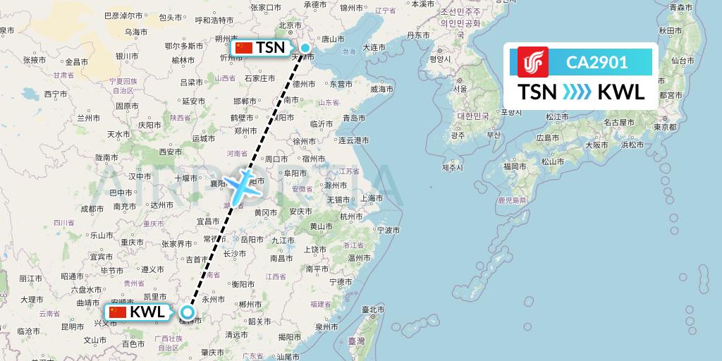CA2901 Air China Flight Map: Tianjin to Guilin