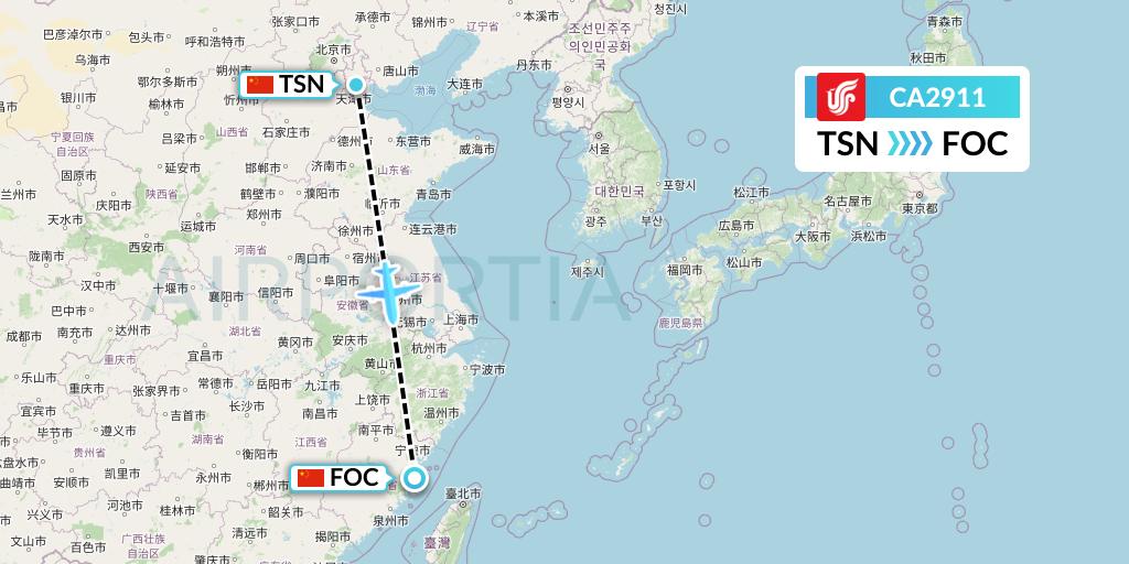 CA2911 Air China Flight Map: Tianjin to Fuzhou