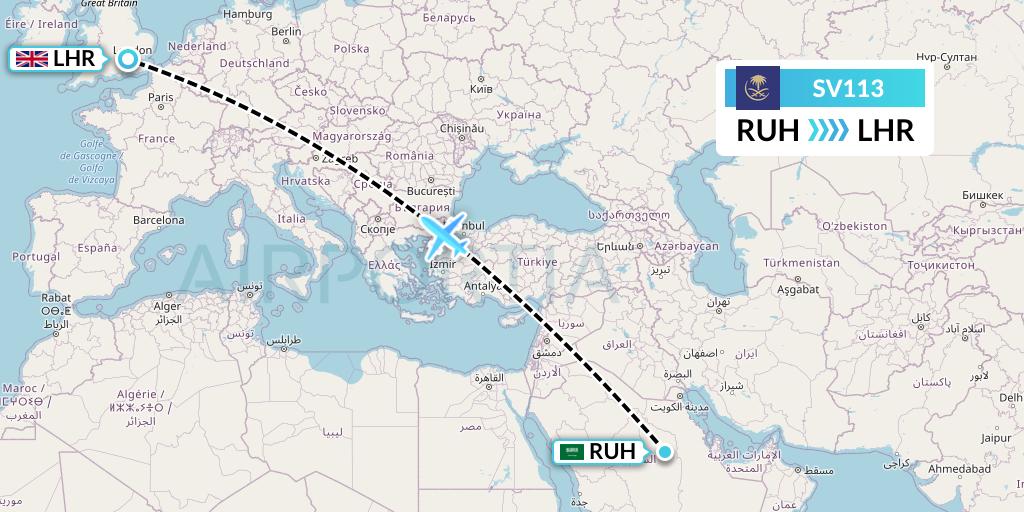 SV113 Saudi Arabian Airlines Flight Map: Riyadh to London