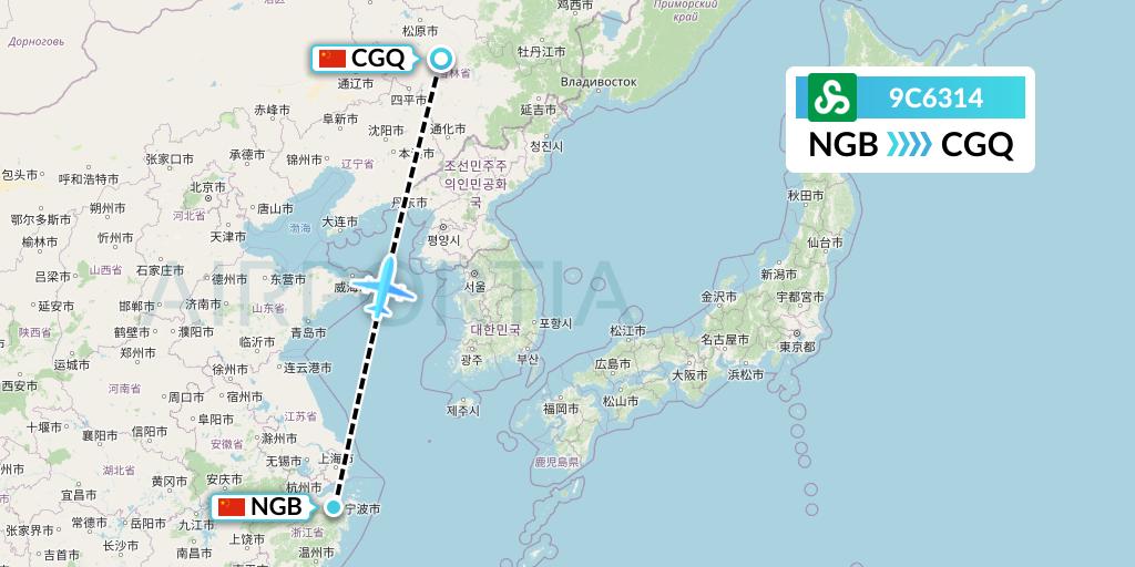 9C6314 Spring Airlines Flight Map: Ningbo to Changchun