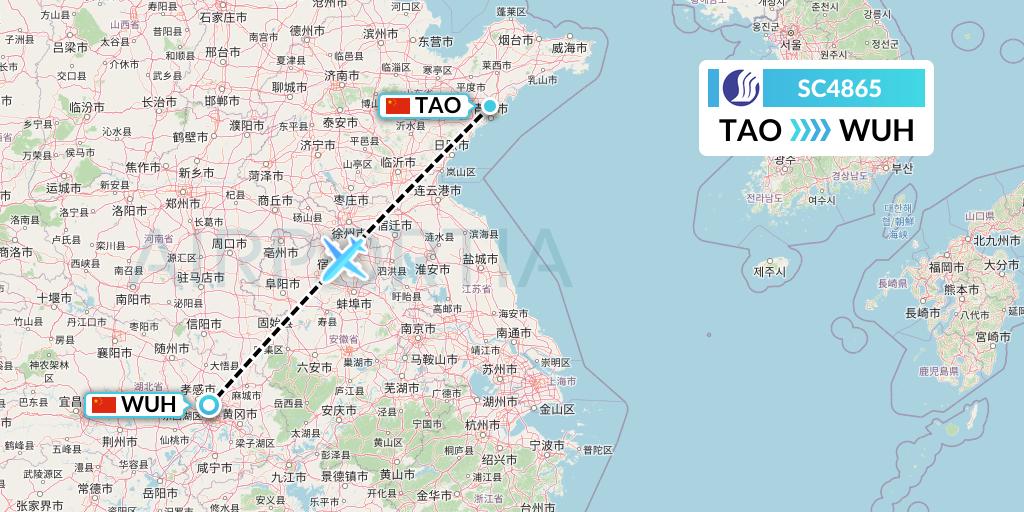 SC4865 Shandong Airlines Flight Map: Qingdao to Wuhan