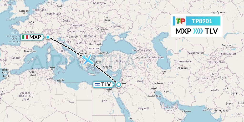 TP8901 TAP Portugal Flight Map: Milan to Tel Aviv