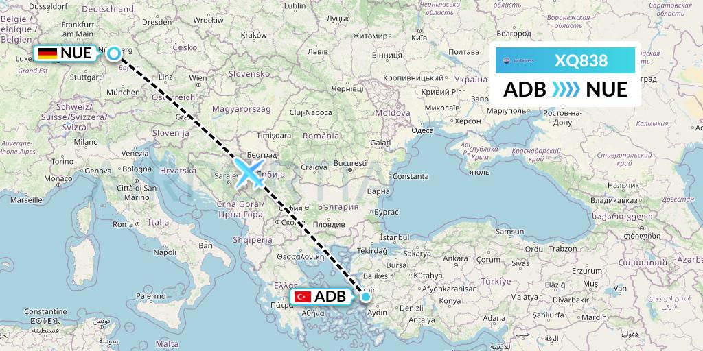 XQ838 SunExpress Flight Map: Izmir to Nurnberg