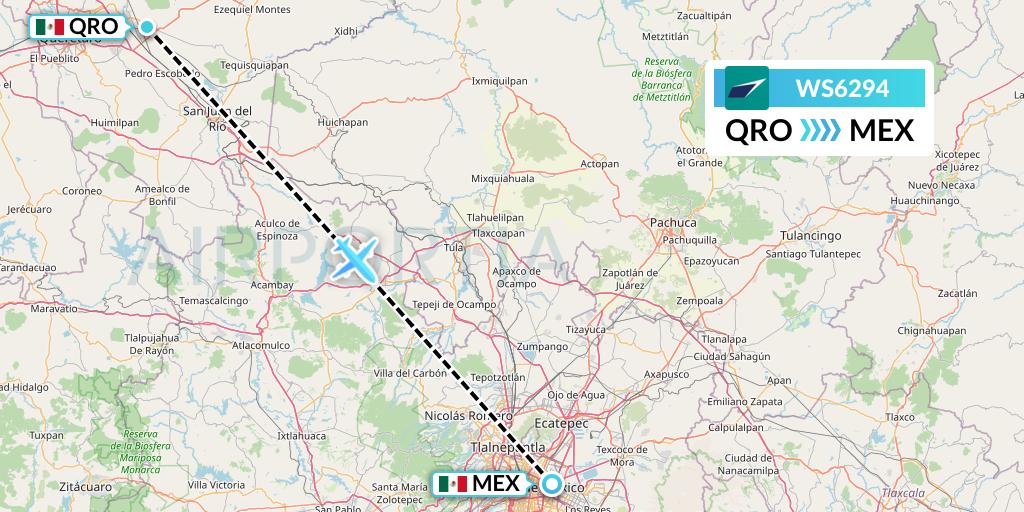 WS6294 WestJet Flight Map: Queretaro to Mexico City