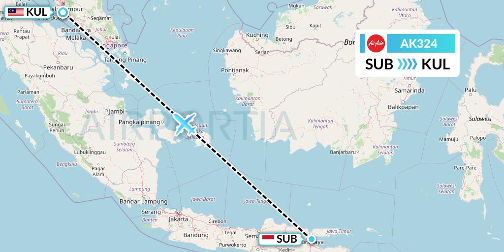 AK324 AirAsia Flight Map: Surabaya to Kuala Lumpur