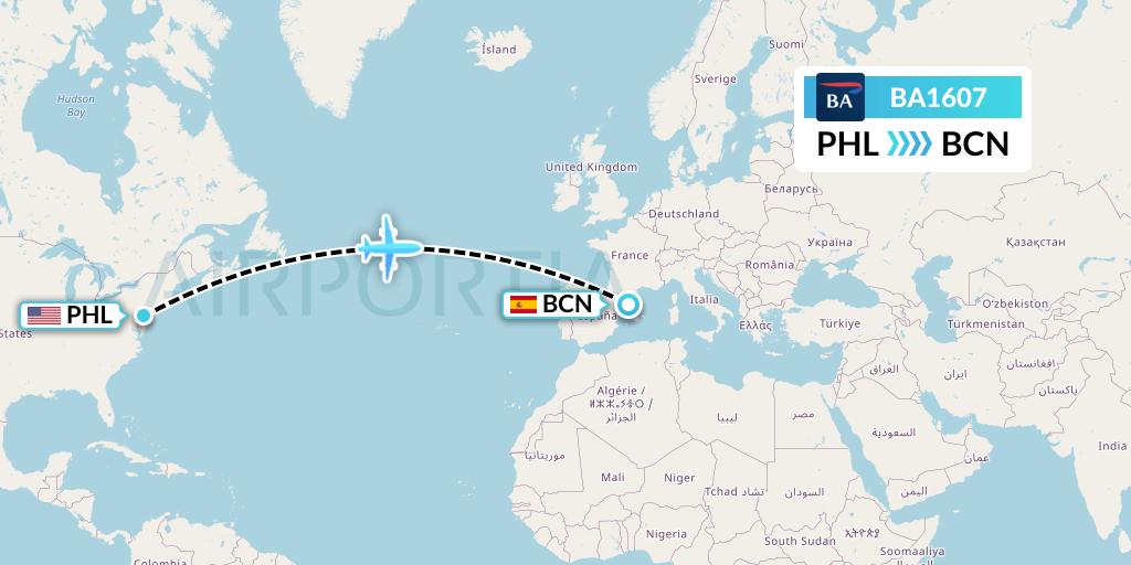 BA1607 British Airways Flight Map: Philadelphia to Barcelona