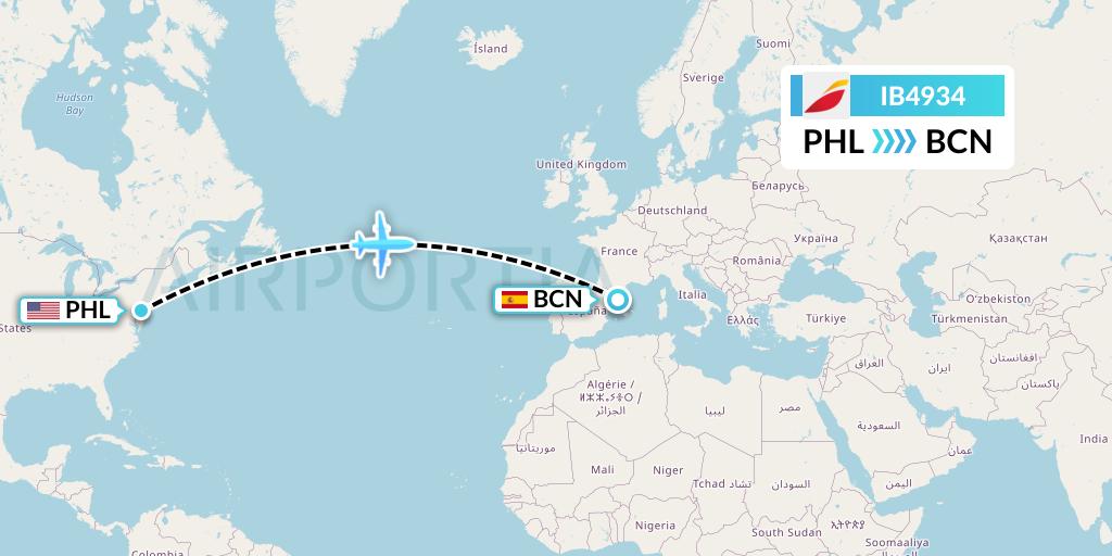 IB4934 Iberia Flight Map: Philadelphia to Barcelona