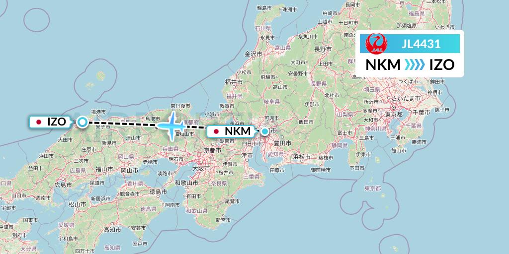 JL4431 Japan Airlines Flight Map: Nagoya to Izumo
