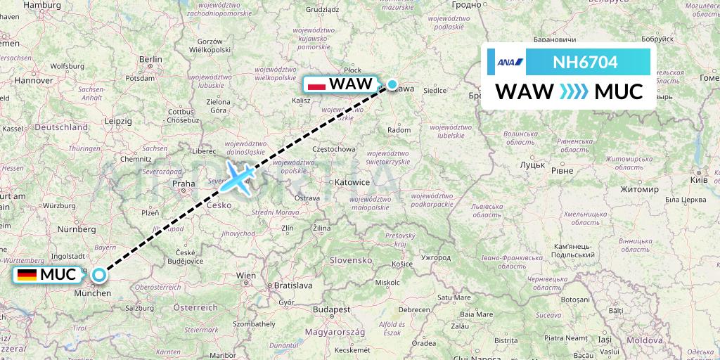 NH6704 All Nippon Airways Flight Map: Warsaw to Munich