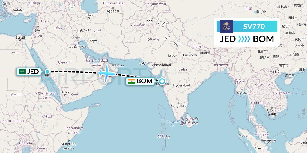 SV770 Saudi Arabian Airlines Flight Map: Jeddah to Mumbai