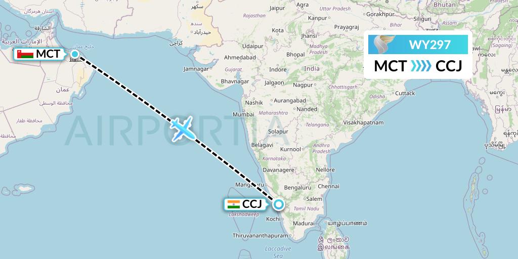 WY297 Oman Air Flight Map: Muscat to Kozhikode
