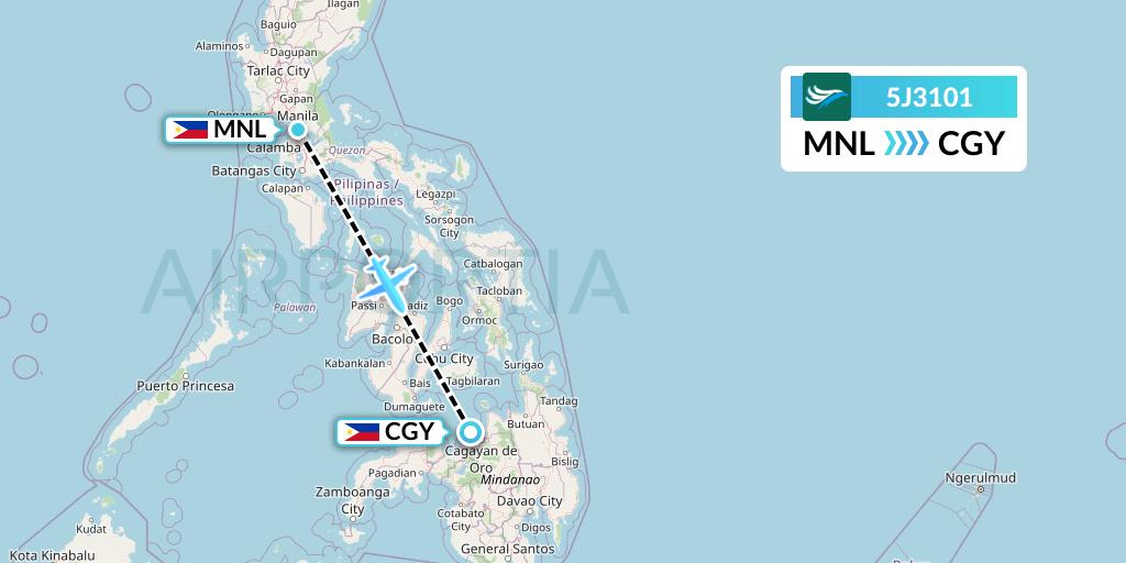 5J3101 CEBU Pacific Air Flight Map: Manila to Cagayan de Oro