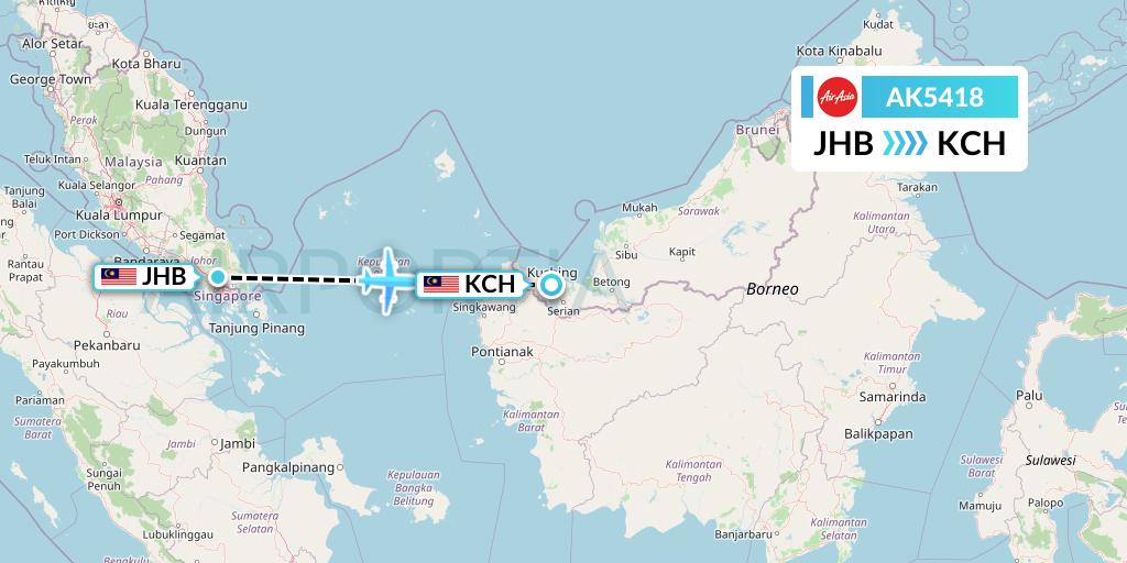 AK5418 AirAsia Flight Map: Johor Bahru to Kuching