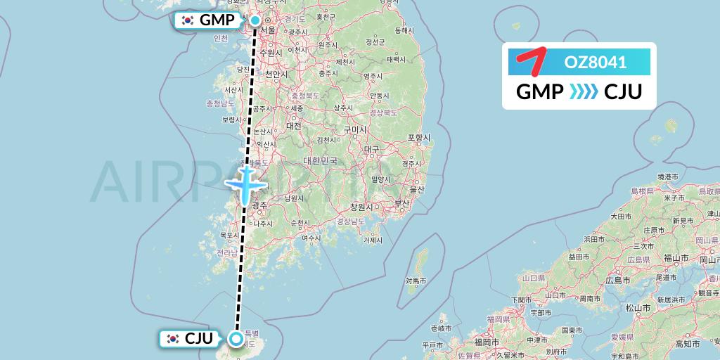 OZ8041 Asiana Airlines Flight Map: Seoul to Jeju