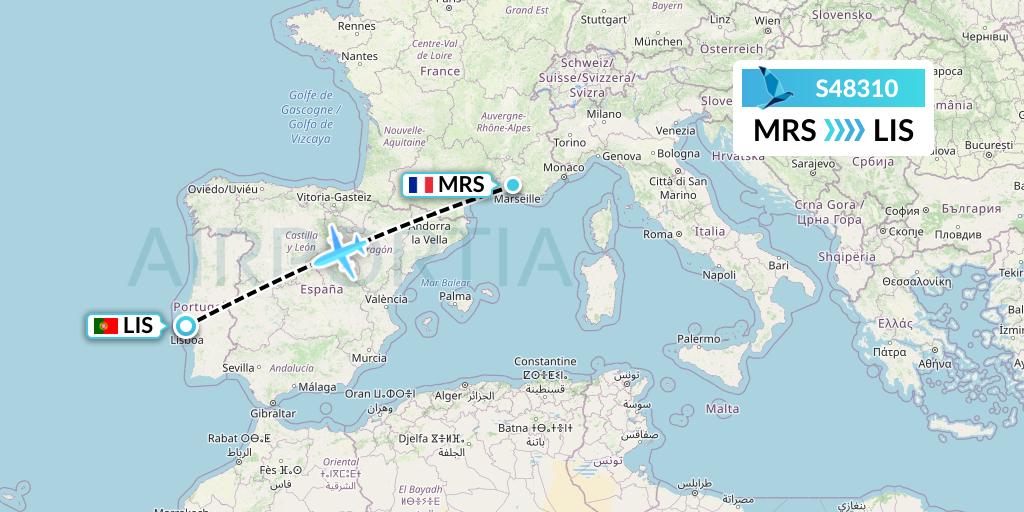 S48310 Azores Airlines Flight Map: Marseille to Lisbon