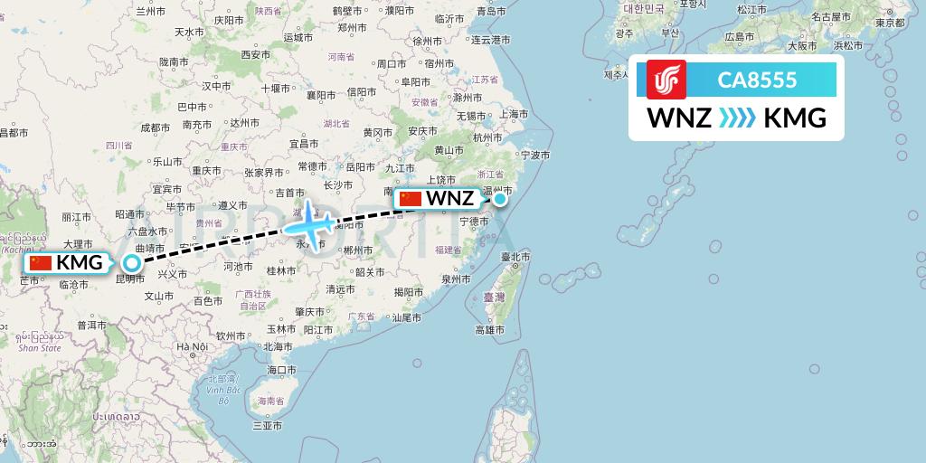 CA8555 Air China Flight Map: Wenzhou to Kunming