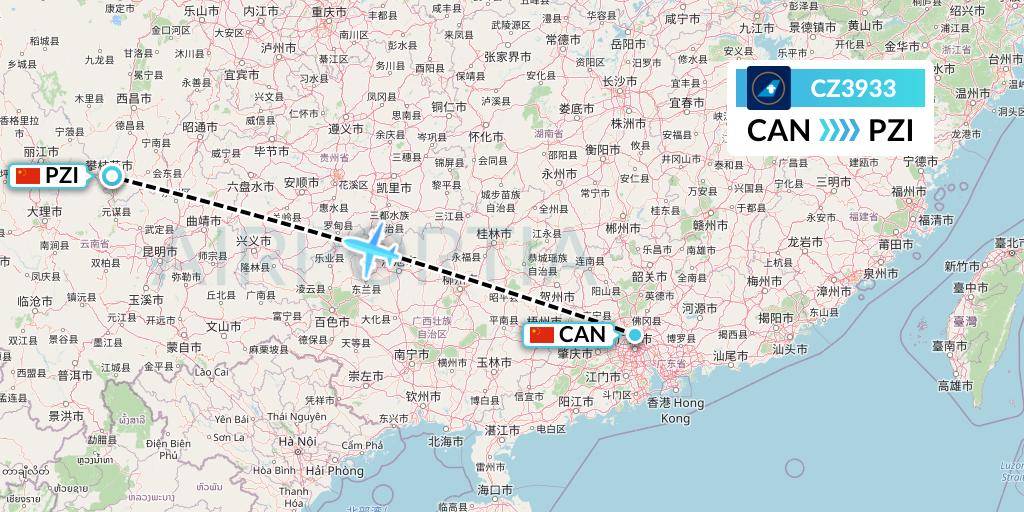 CZ3933 China Southern Airlines Flight Map: Guangzhou to Panzhihua