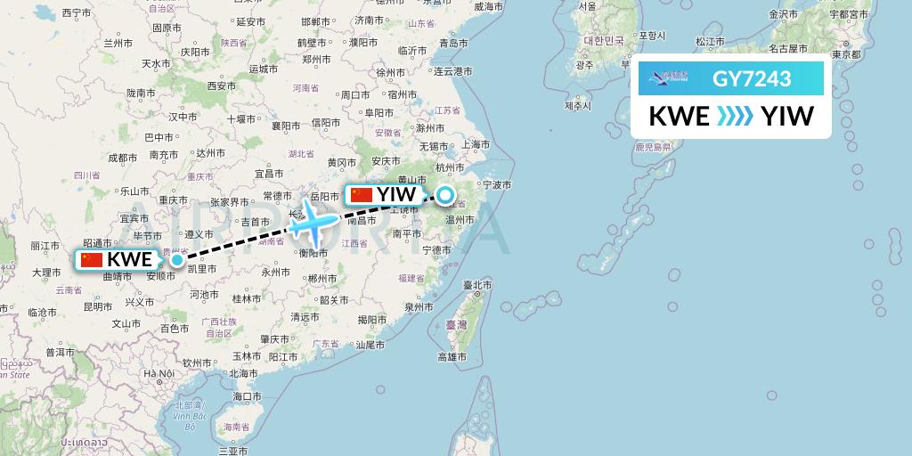 GY7243 Colorful GuiZhou Airlines Flight Map: Guiyang to Yiwu