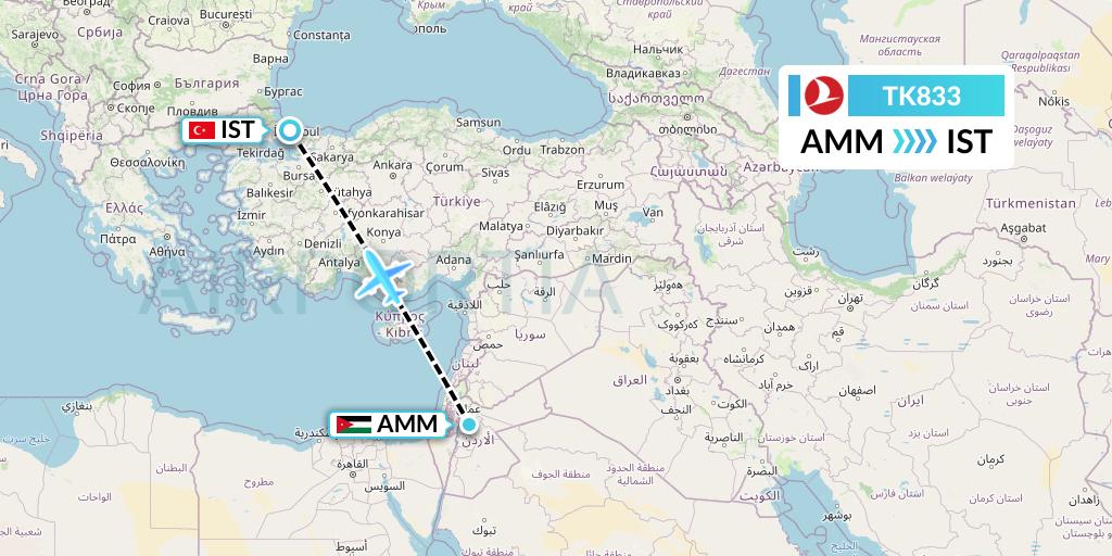 TK833 Turkish Airlines Flight Map: Amman to Istanbul