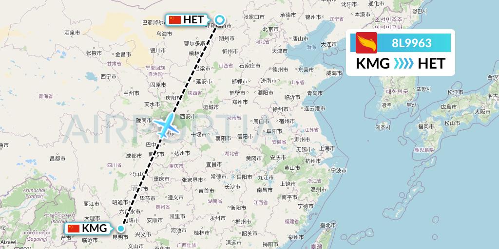 8L9963 Lucky Air Flight Map: Kunming to Hohhot