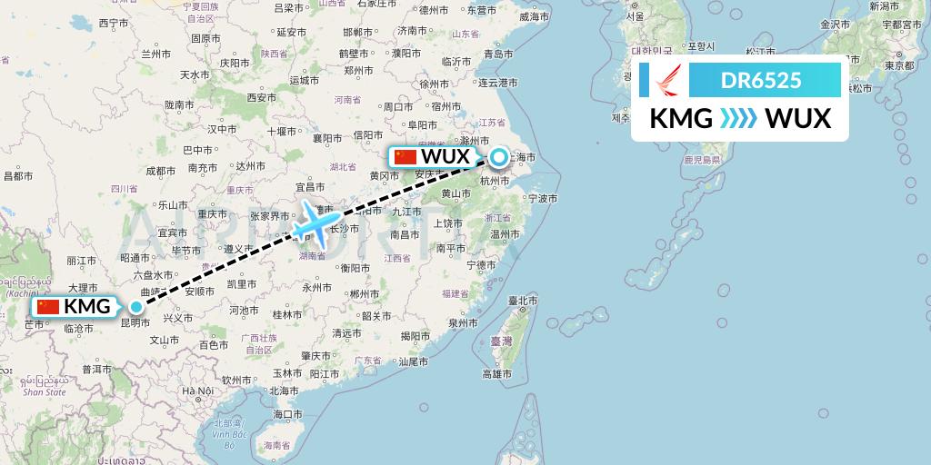 DR6525 Ruili Airlines Flight Map: Kunming to Wuxi