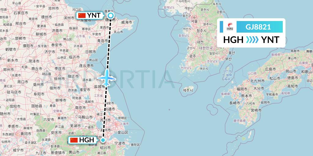 GJ8821 Loong Airlines Flight Map: Hangzhou to Yantai