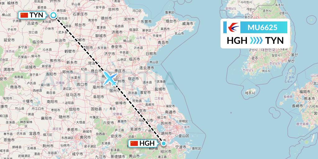 MU6625 China Eastern Airlines Flight Map: Hangzhou to Taiyuan