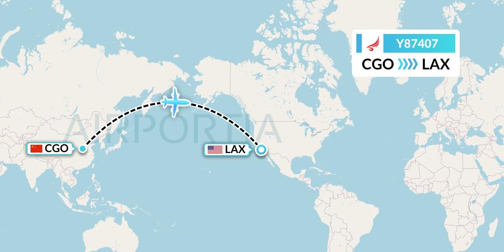 Y87407 Yangtze River Express Flight Map: Zhengzhou to Los Angeles