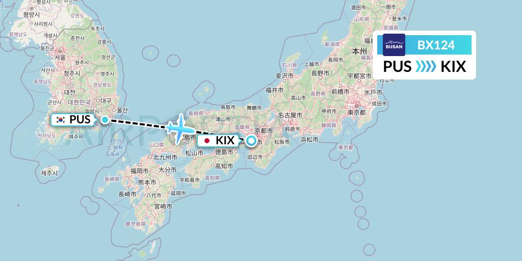 BX124 Air Busan Flight Map: Busan to Osaka
