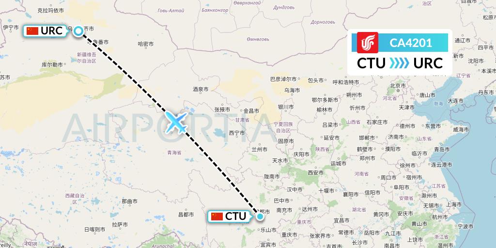 CA4201 Air China Flight Map: Chengdu to Urumqi